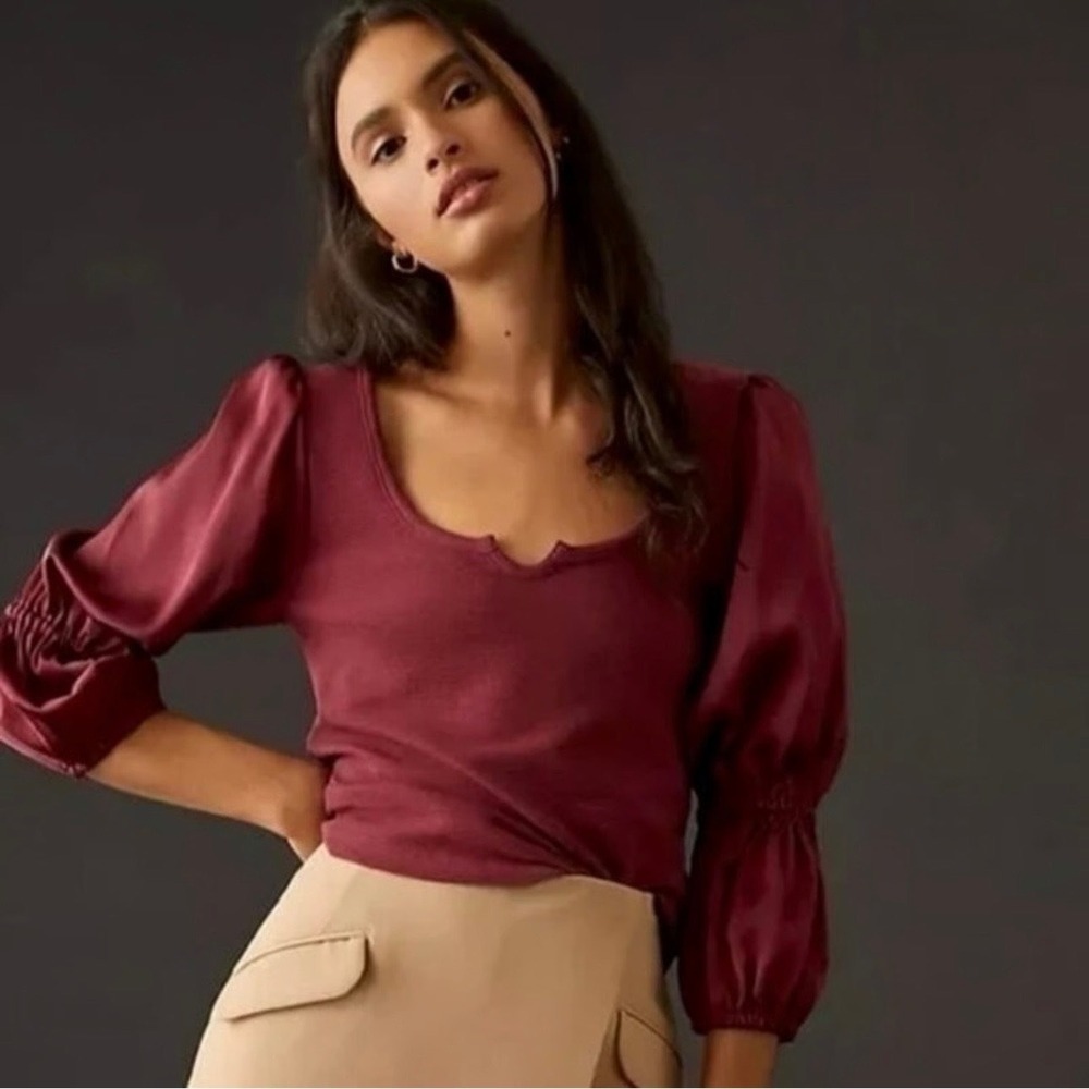 Maeve Anthropologie Berry Ribbed Balloon Satin Sleeve Blouse Top Women's M